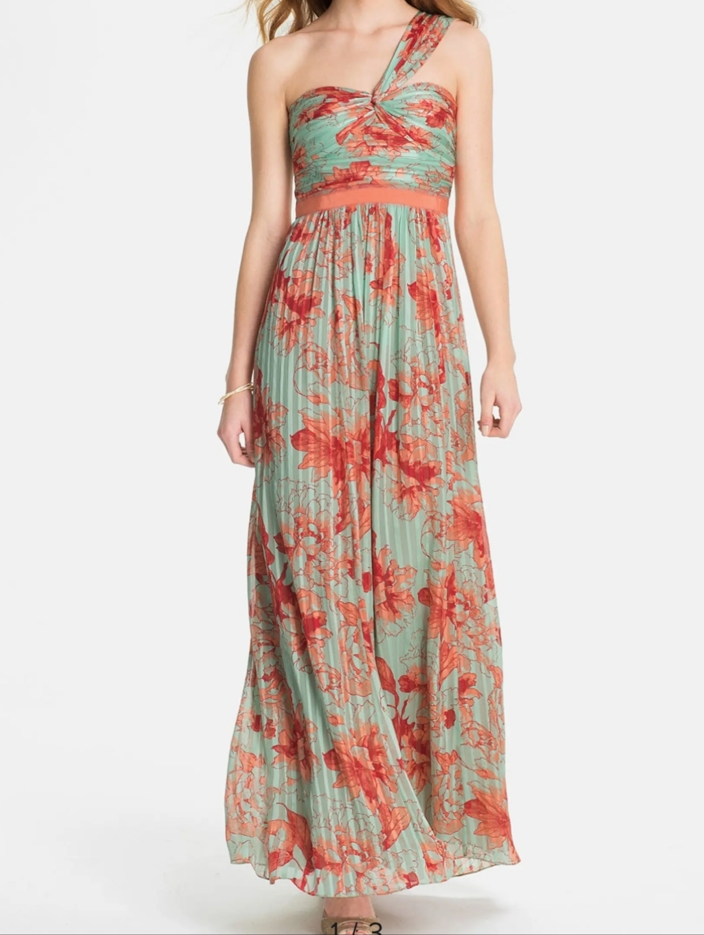 Bcbgmaxazria Inga Silk One Shoulder Gown Pleated Chiffon Floral Maxi Dress, 0